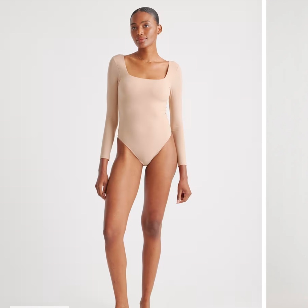 Quince Second Skin Square Neck Long Sleeve Bodysuit NEW Sand